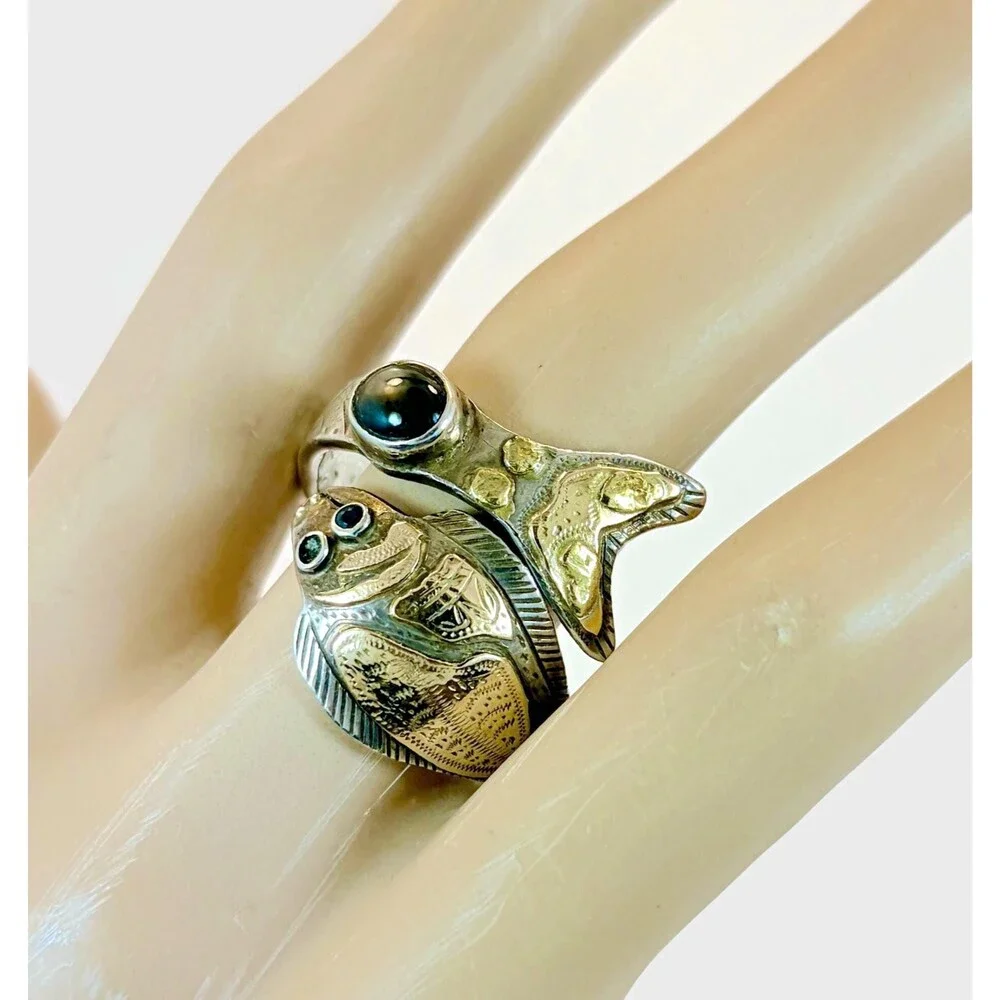 Vintage Fish Ring, Sterling Silver, By-Pass, Obsidian Spinel Handcrafted Size 12